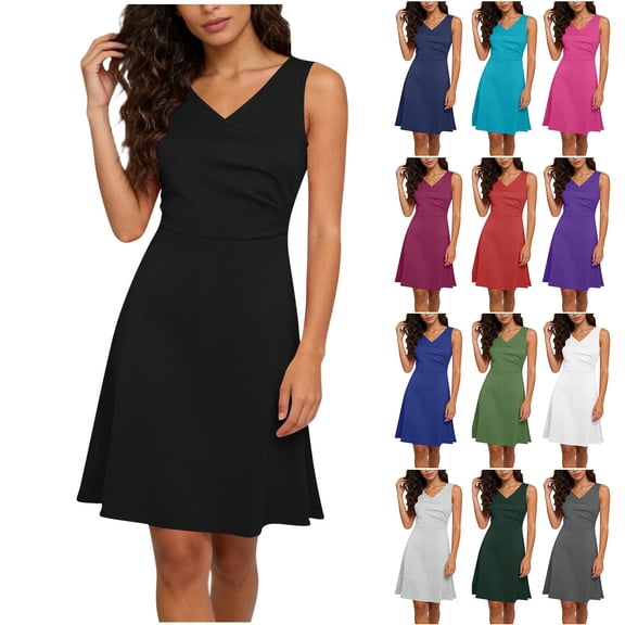 NXMZXB Women Summer Work Dress Fashion Sleeveless Cross Ruched V Neck Elegant Midi Dresses A Line Elasitc High Waist Business Dresses Light Blue L