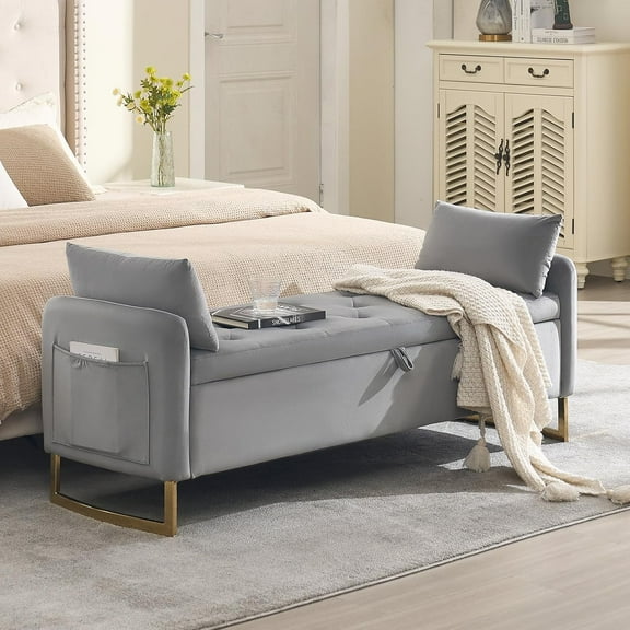 67" Storage Ottoman , End of Bed Storage  King Size with Tufted Button Upholstered Storage and Gold Legs, Bedroom Benches with Armrests for Living Room Window and Entryway, Light Grey