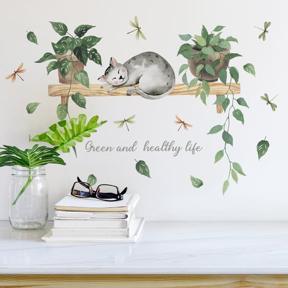 Jinsinto A Set of Cat Wall Stickers Potted Plants Wall Sticker Wall Decoration for Living Room Bedroom Office