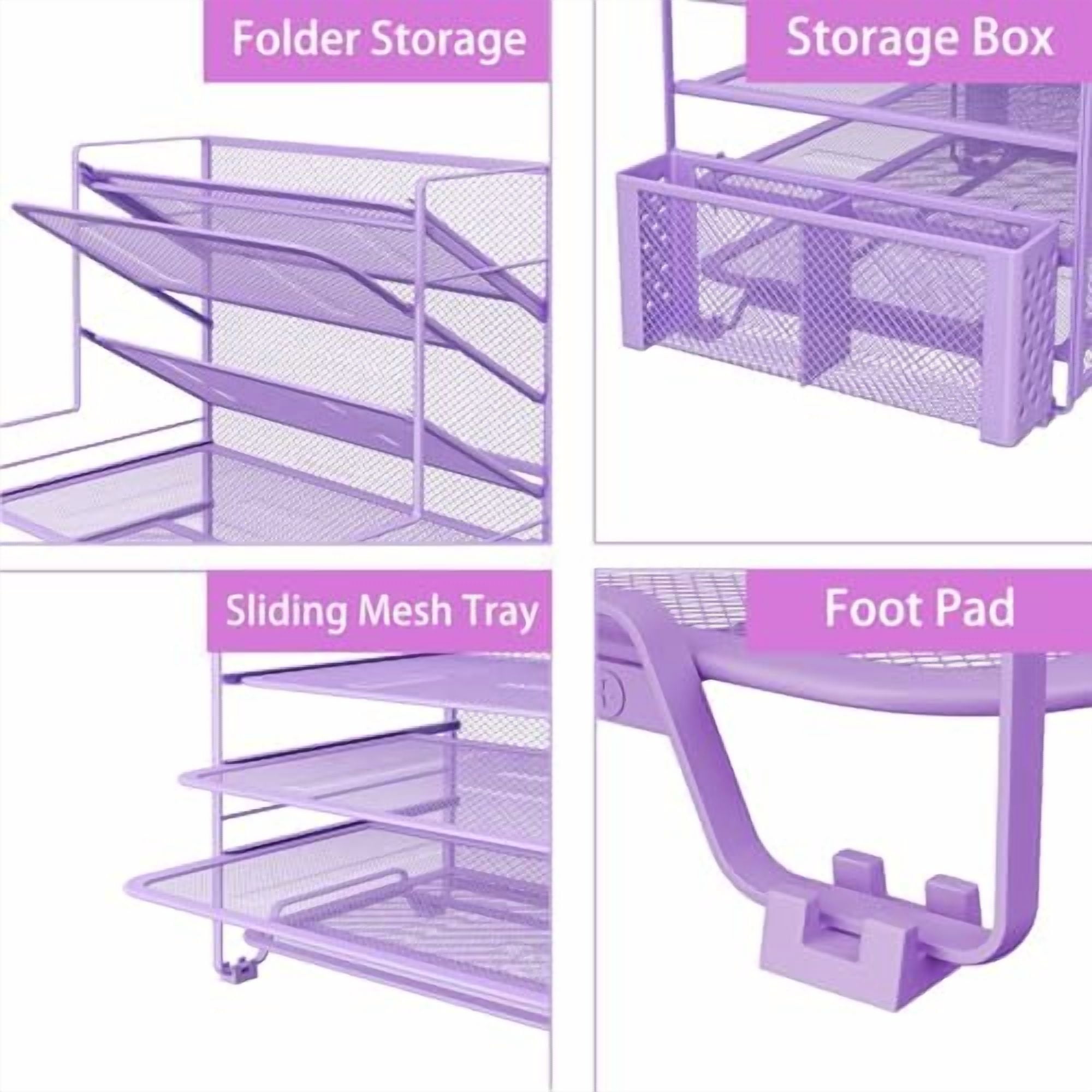 7 Tier Desk File Organizer, Letter Tray Paper Organizer with Pen Holder and Metal Hanging Basket, Purple