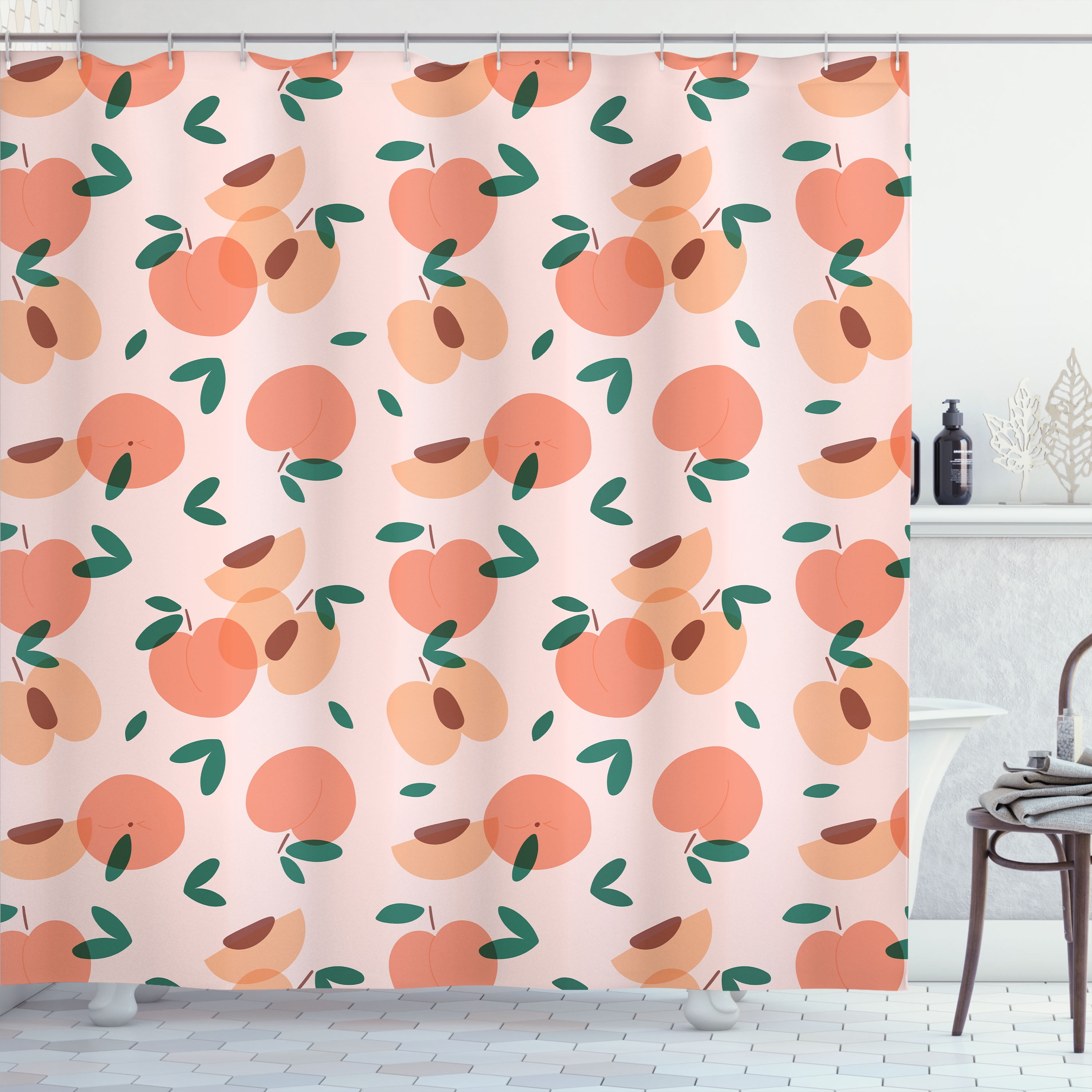 Peach Shower Curtain, Simple Fruit Pattern in Pastel Color Palette