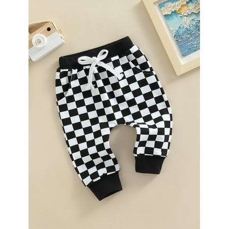 

Toddler Casual Long Pants 1T 2T 3T Fashion Checkerboard Printed Tie-up Mid-Waist Trousers with Pockets (Black 2-3 Years)