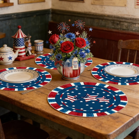 erdimoy Patriotic Round Placemats Set of 4, 14" Red White Blue Star & Stripe Print Table Mats