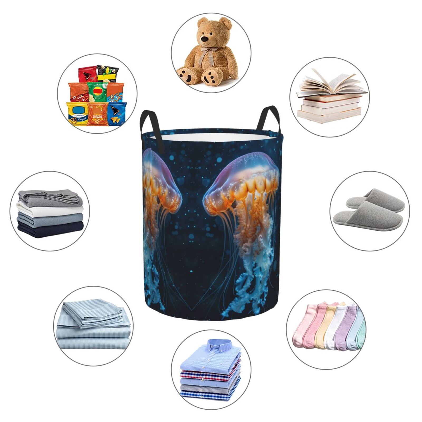 Large Laundry Basket with Handles - Glow Deep Sea Jellyfish Kids Baby Dirty Clothes Laundry Hamper for Bedroom Aesthetic