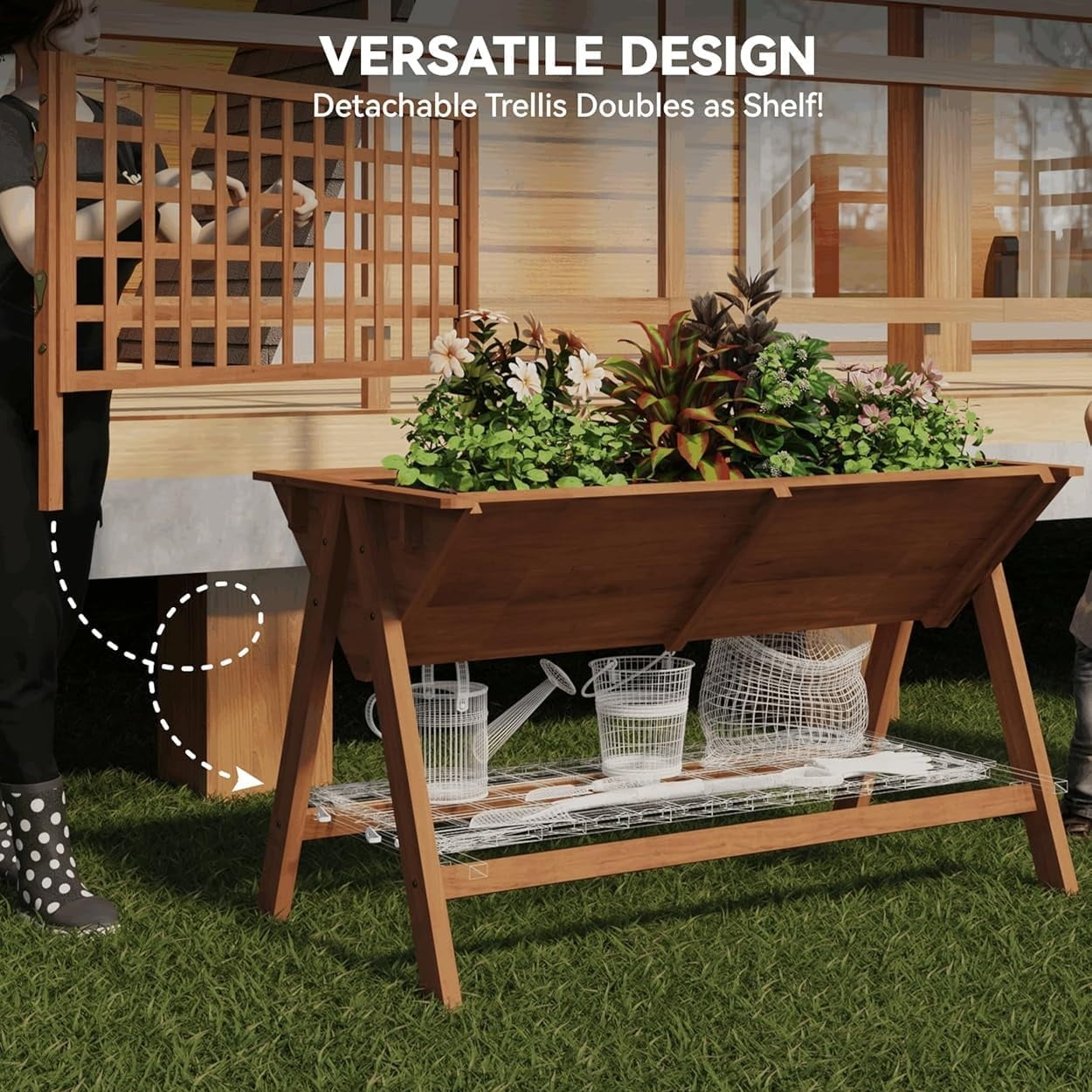 Riedhoff Wooden Raised Garden Bed with Legs, with Trellis, 51.18*29.52*54.5 inch, Brown