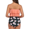 thumbnail image 4 of Traje de baño de dos piezas para mujer, tirantes finos, dobladillo con volantes, estampado de dos piezas, cintura alta, acolchado, traje de baño inalámbrico, estampado de flores rosa M, 4 of 6