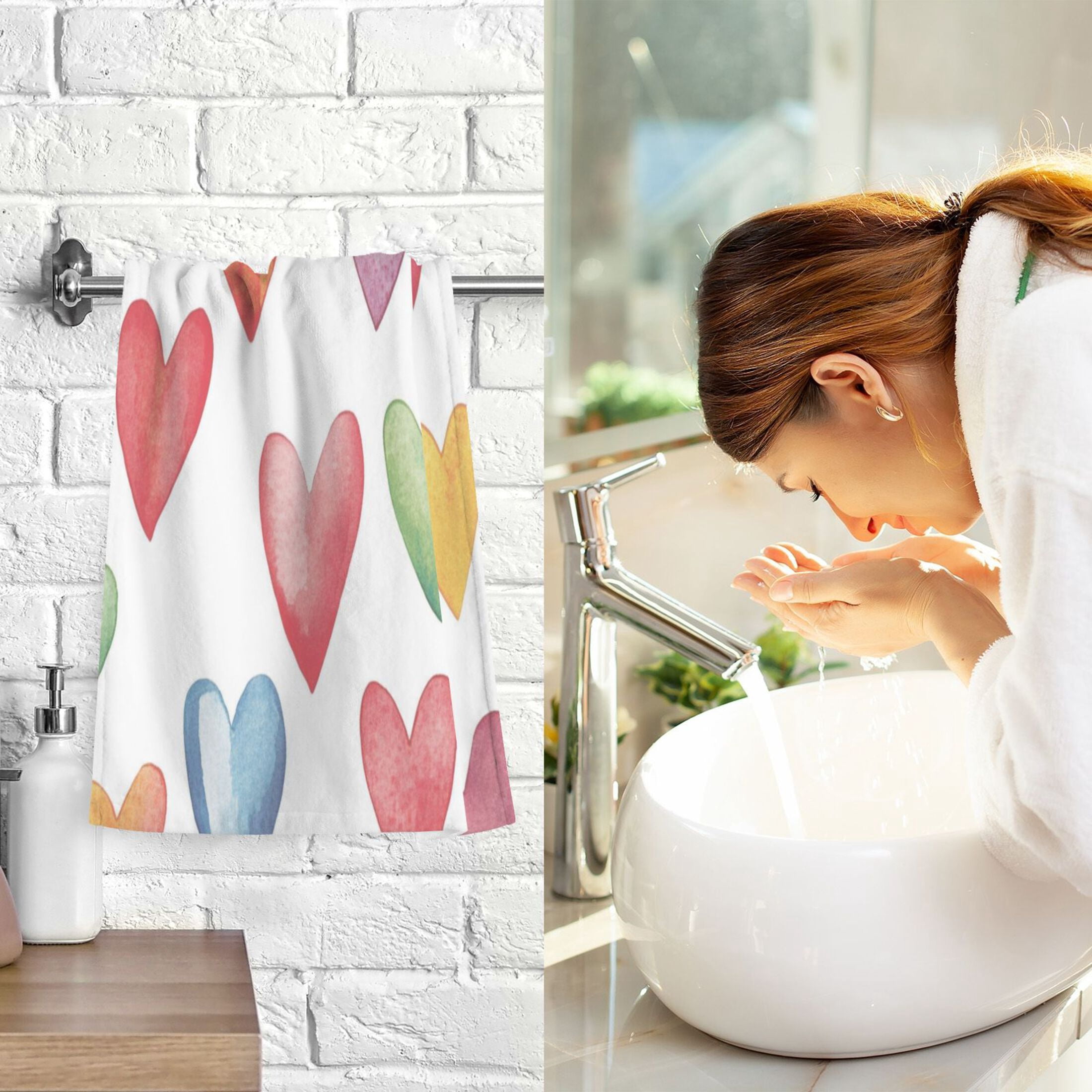Cotton Towel Two-Piece 16x28 Inch One Sizex2 Face Towel Set Towel Set Cotton Hand Bath Towel Bathroom Beach Valentine's Day Cute Heart