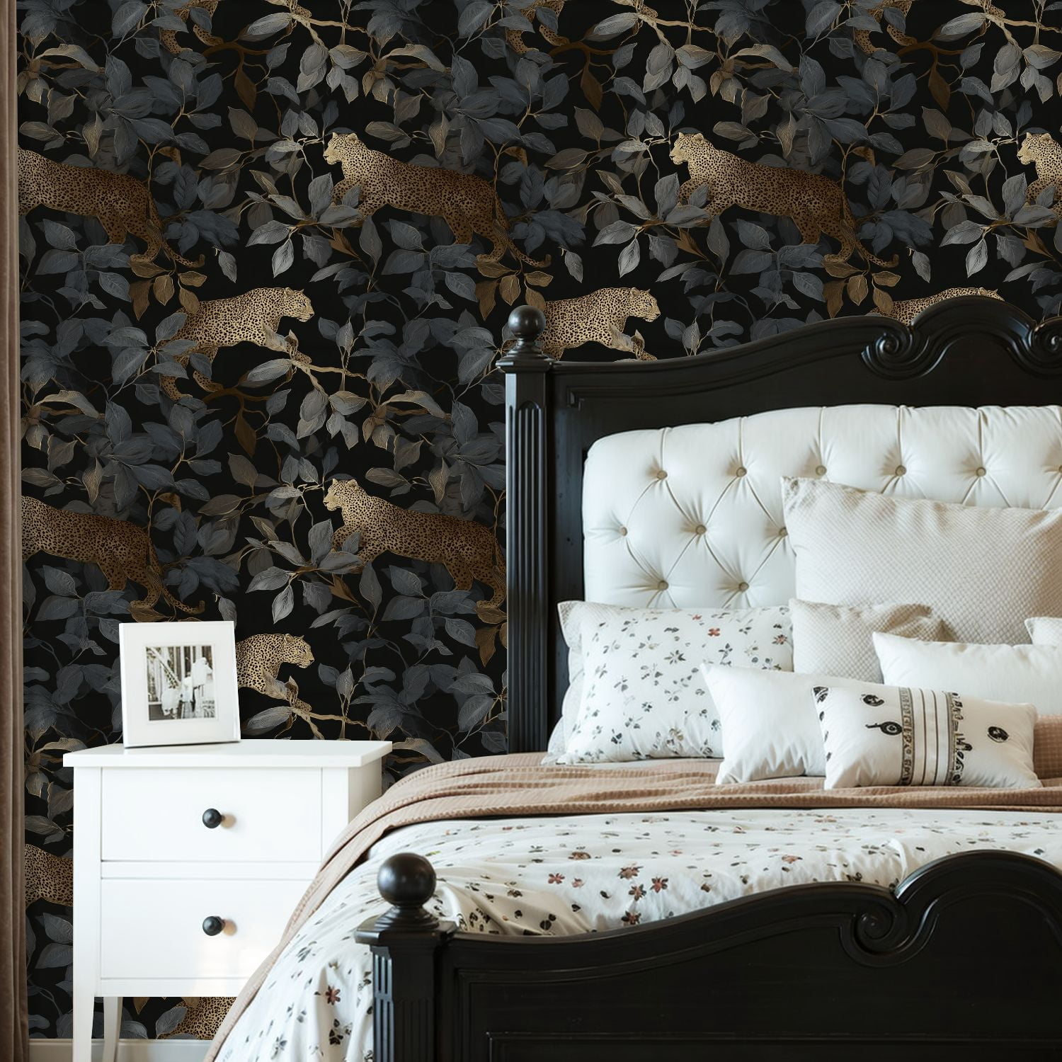 Peel and Stick Wallpaper Leopard Gold Leaves Dark Wall Mural 23.6in x 9.8ft Self Adhesive Removable Wall Paper Renter Friendly Wallpaper for Nursery Bedroom Cabinets