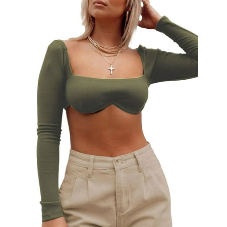 

TOPGOD Women Long Sleeve Bustier Top Low Cut Stretchy Exposed Navel Blouse Slim Tee Top