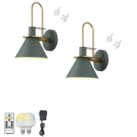 

FSLiving Macaron Green Metal Romantic Wall Sconces with Rechargeable Battery Operated LED Bulb Remote Control Color Changing & RGB Mode & Dimming Lighting Fixtures for Nightstand Staircase - Set of 2