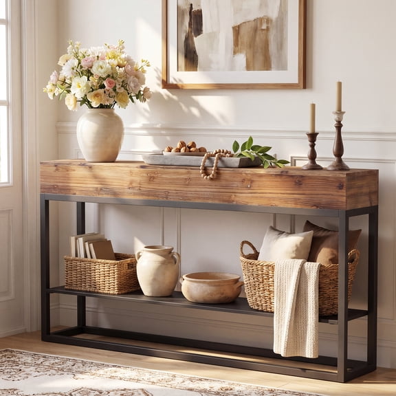 Tribesigns 63" Solid Wood Console Table, 3-Tier Farmhouse Sofa Table with Storage Shelf, Wooden Hallway Table for Entry, Living Room, Behind Couch