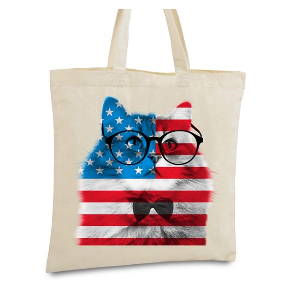 Awkward Styles American Cat Canvas Tote Bag Nerd Cat Book Bag Patriotic Gifts for Cat Lovers USA Cat Shopping Bag American Flag Reusable Shopper Bag USA Gifts Cute 4th of July Tote Bag Geek Cat Bag