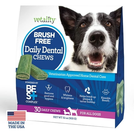 UPC: 0190623300653 | Vetality Brush Free Daily Dental Care Chews for Dogs | Cleans Teeth and Freshens Breath | 30 Count | B.E.S.T. Complex Provides Complete Oral Cleaning and Tartar Control