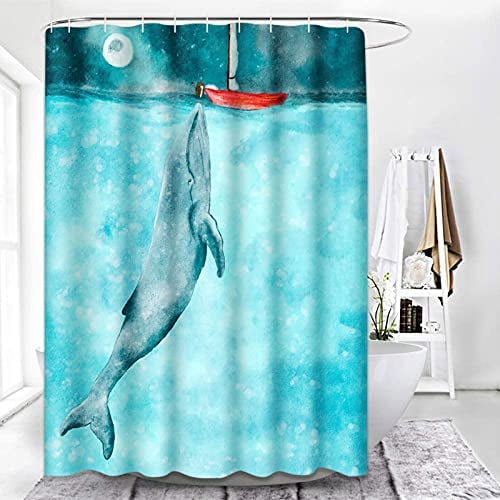 Whale Shower Curtain, Nautical Coastal Shower Curtains for Bathroom Decor  Sets, Blue Whale Saves The Sailboat Shower Curtain with 12 Hooks Waterproof  Polyester Fabric 72 x 72 Inches 