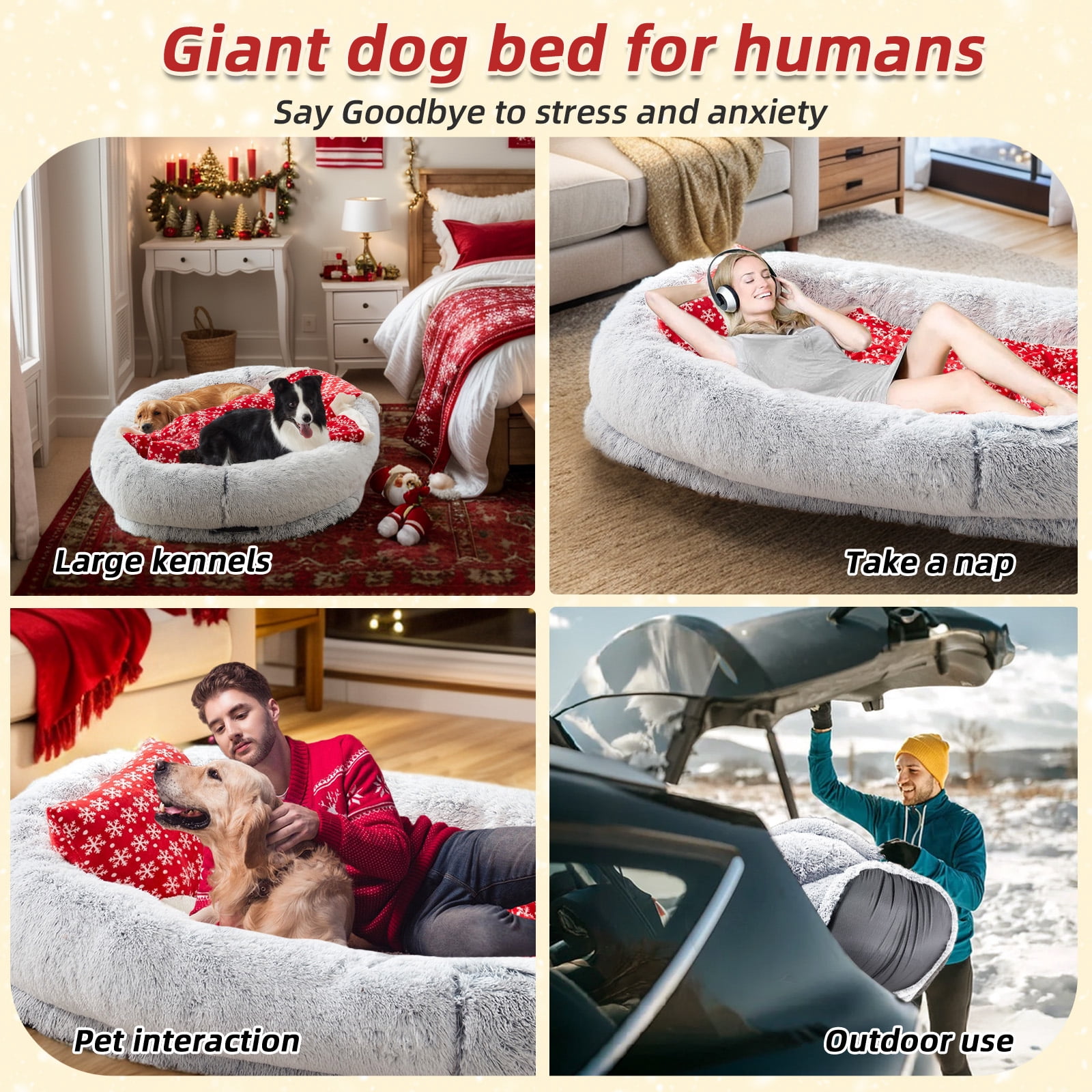 Dokdogs Human Dog Bed, 70"x44"x11" Size Fits You and Pets, Washable Faux Fur Dog Bed for People Doze off, Napping Orthopedic Dog Bed, Present Plump Pillow, Blanket, Strap - Grey Christmas Edition