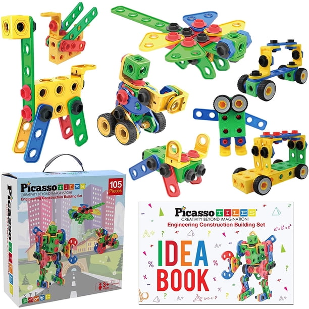 PicassoTiles STEM Learning Toys 105 Piece Building Block Set Kids Construction Engineering Kit Toy Blocks Children Early Education Playset w / IdeaBook, Power Drill, Clickable Ratchet, Age 3+ PTN105