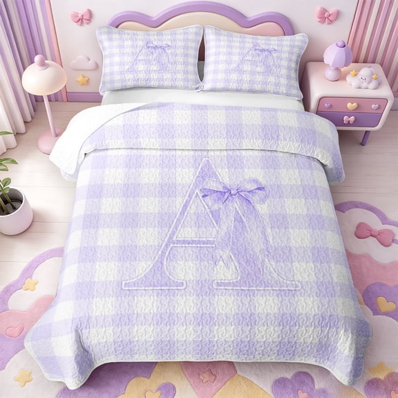 Manfei Purple Monogrammed A Design Quilt Full,Geometric Grid Print Full Bedspread Sets,3 Pieces,1 Coverlet and 2 Pillowcases