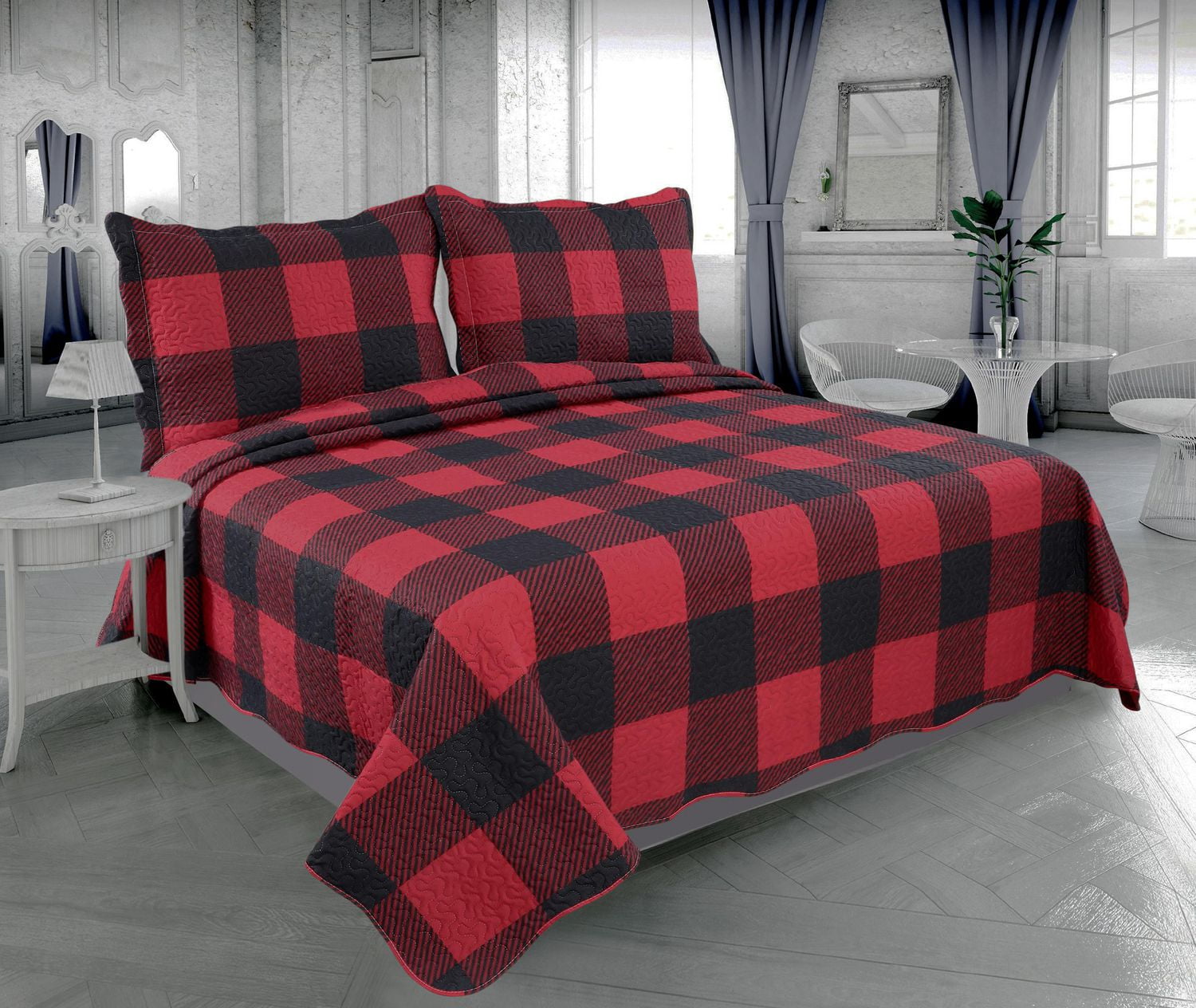 Marina Decoration Rich Printed Embossed Pinsonic Coverlet Bedspread Ultra Soft Bedding Summer Quilt Set with Shams, Red Black Plaid Pattern