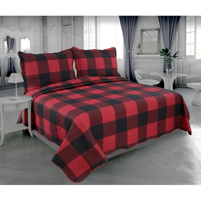 Ultra soft red and black plaid summer quilt set with embossed texture, including coverlet and shams, displayed on a bed in an elegant bedroom.