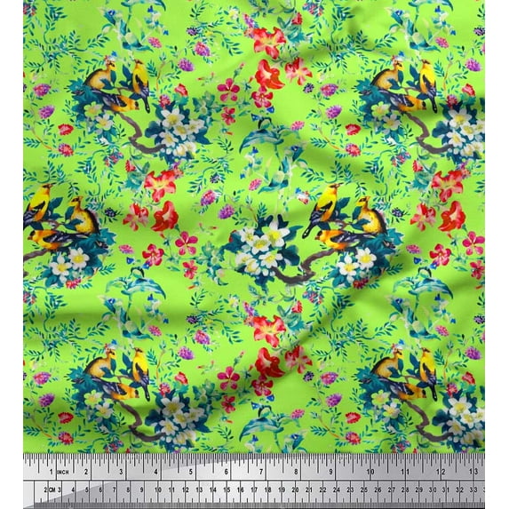 Soimoi Satin Silk Fabric Berries,Leaves & Flower Floral Print Fabric by the Yard 42 Inch Wide