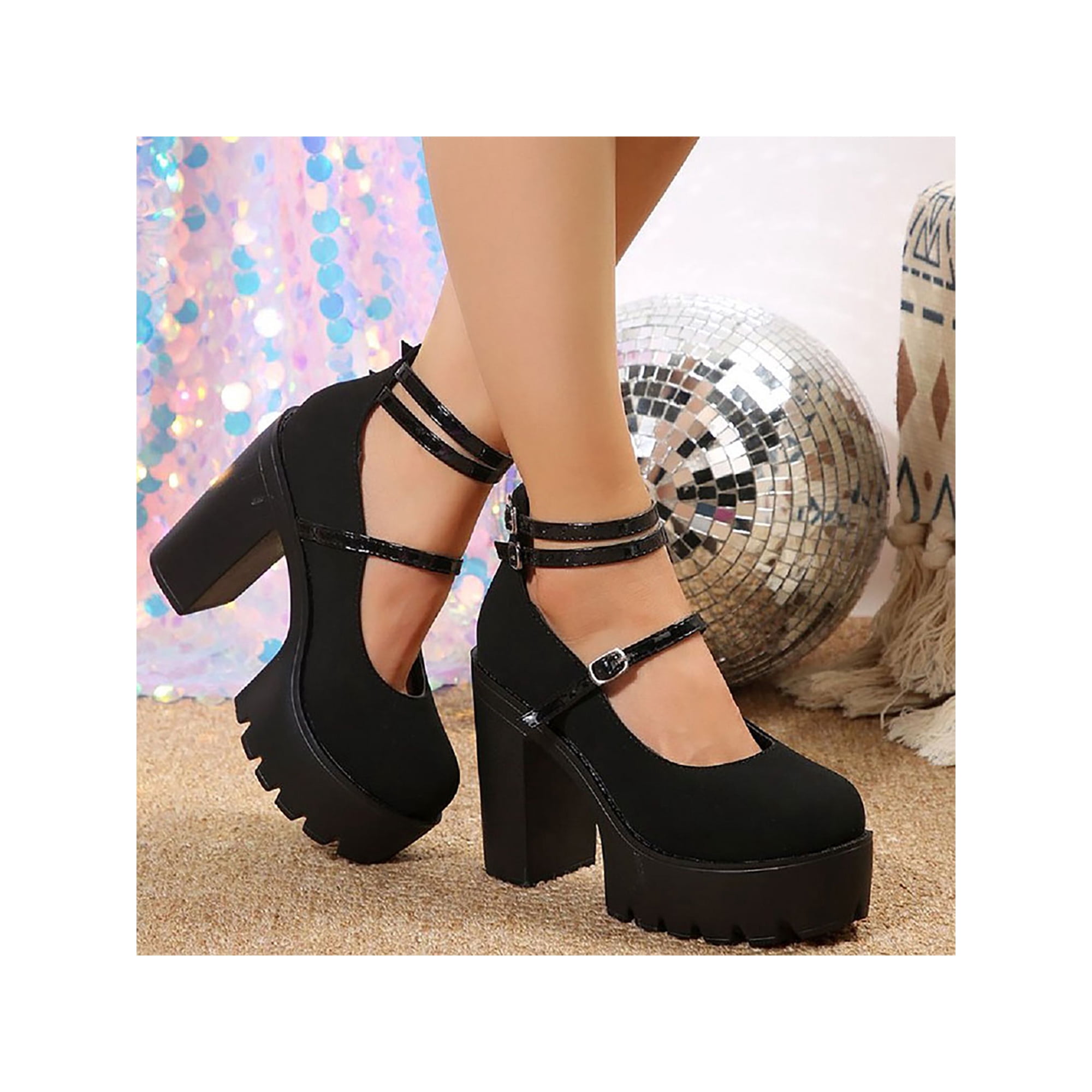 MAWCLOS Womens Dress Pumps Shoes Round Toe Chunky Block Heel Comfort Ankle Strap Party High Heels Black 6