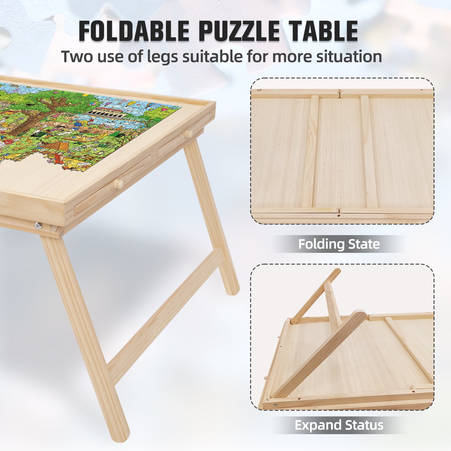 1500 Pcs Puzzle Board Wooden Jigsaw Puzzle Table with Folding Legs 4  Drawers, 1 Set of Accessories