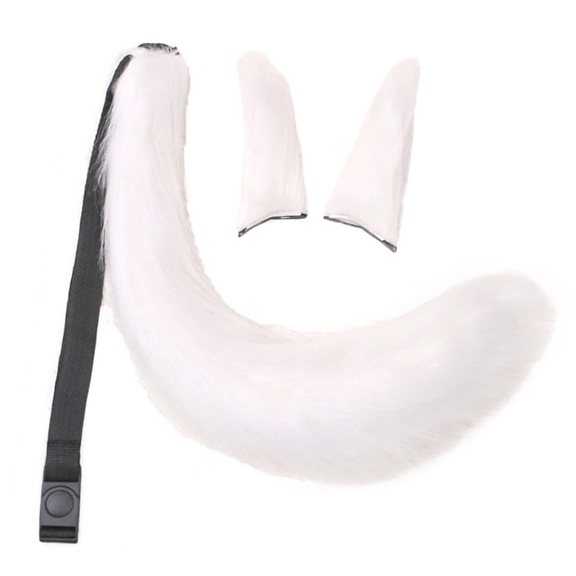 Ensemble 3 Pcs Oreilles et Queue en Peluche Réglables pour Carnaval Halloween Robe Femmes Filles Blanc