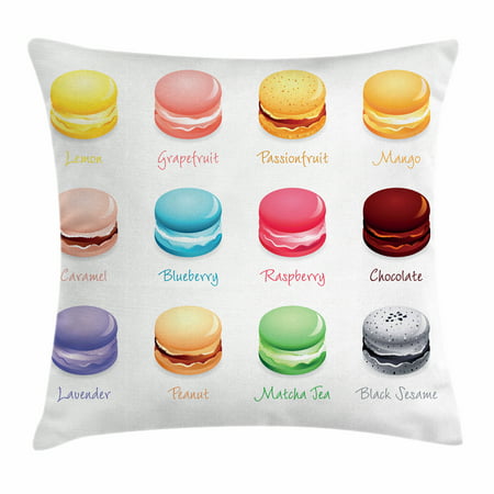 Tea Party Throw Pillow Cushion Cover, Colorful French Macaron Cookies with Different Flavors Delicious Sweets Cuisine, Decorative Square Accent Pillow Case, 16 X 16 Inches, Multicolor, by
