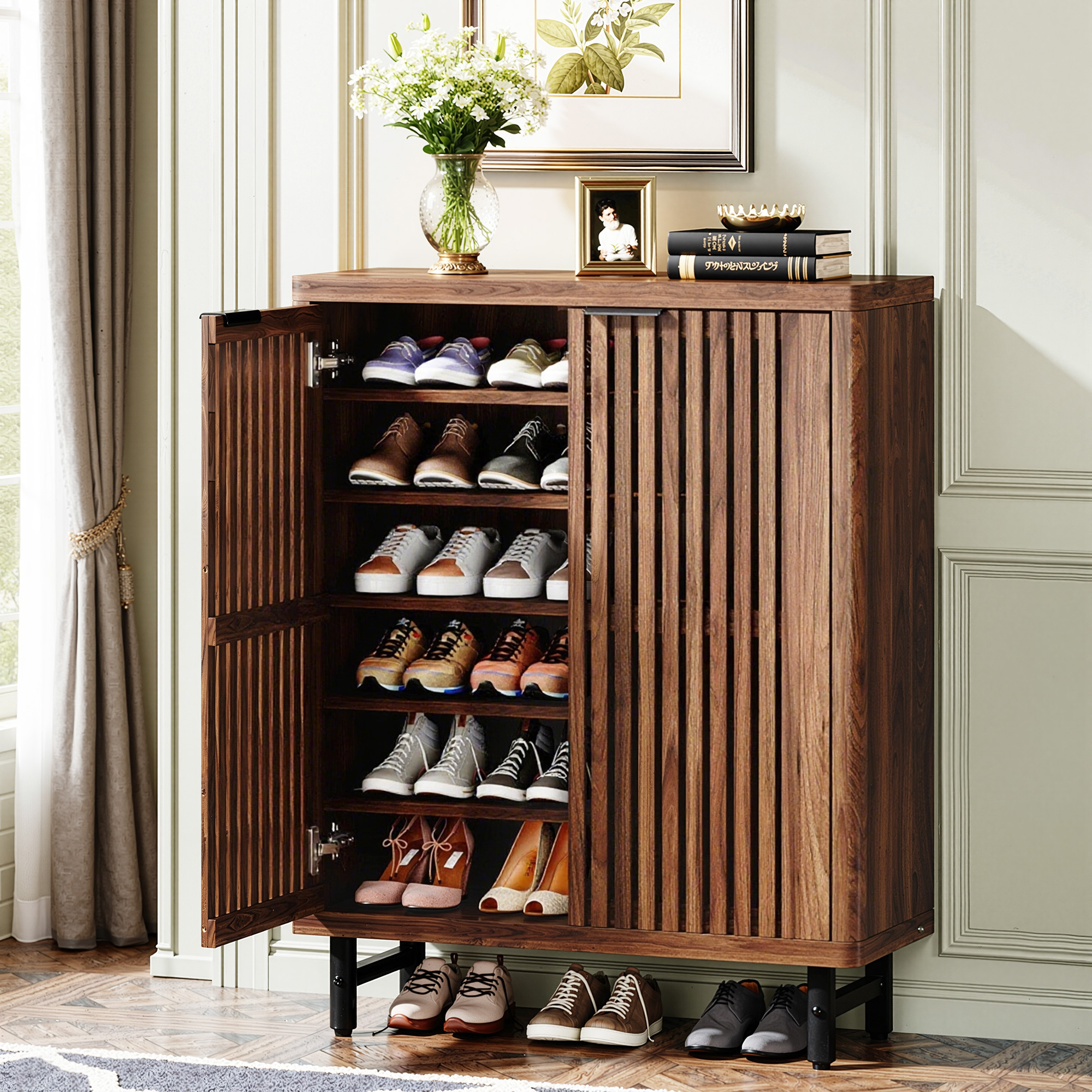 MAYEERTY Dark Walnut Breathable Louvered Shoe Cabinet, Ventilated Wooden Shoe Storage for Entryway