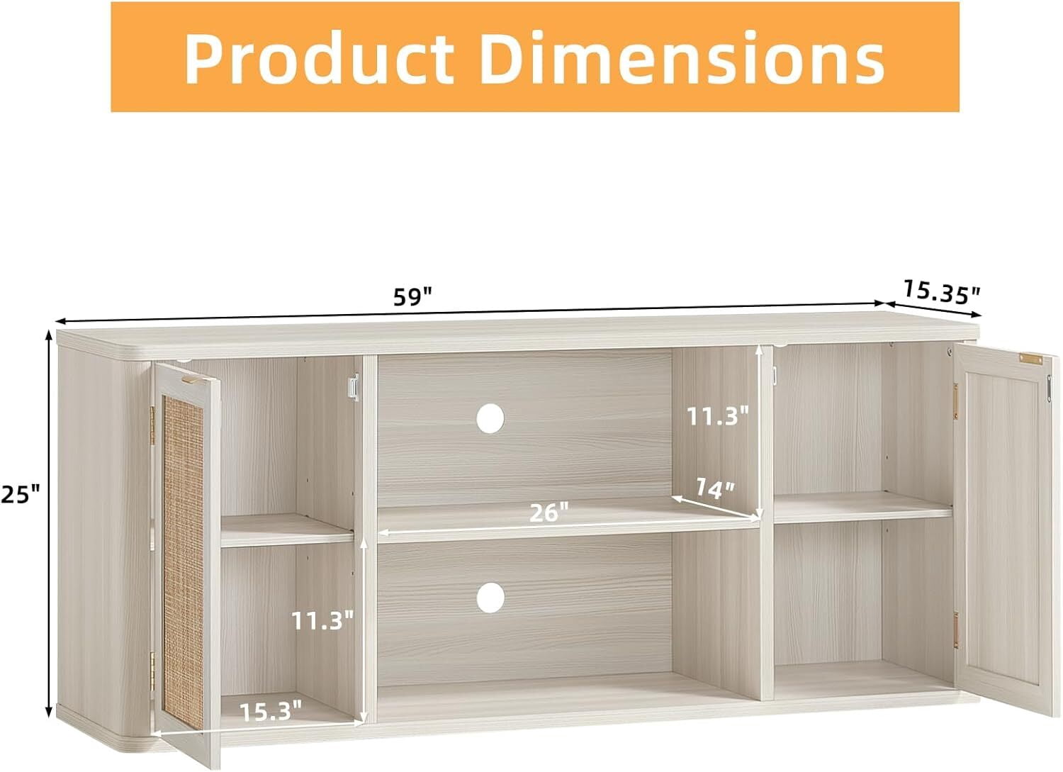 LEYAOYAO Rattan TV Stand for Tvs up to 65 inch, Wood Media Console for Living Room, Grey Oak