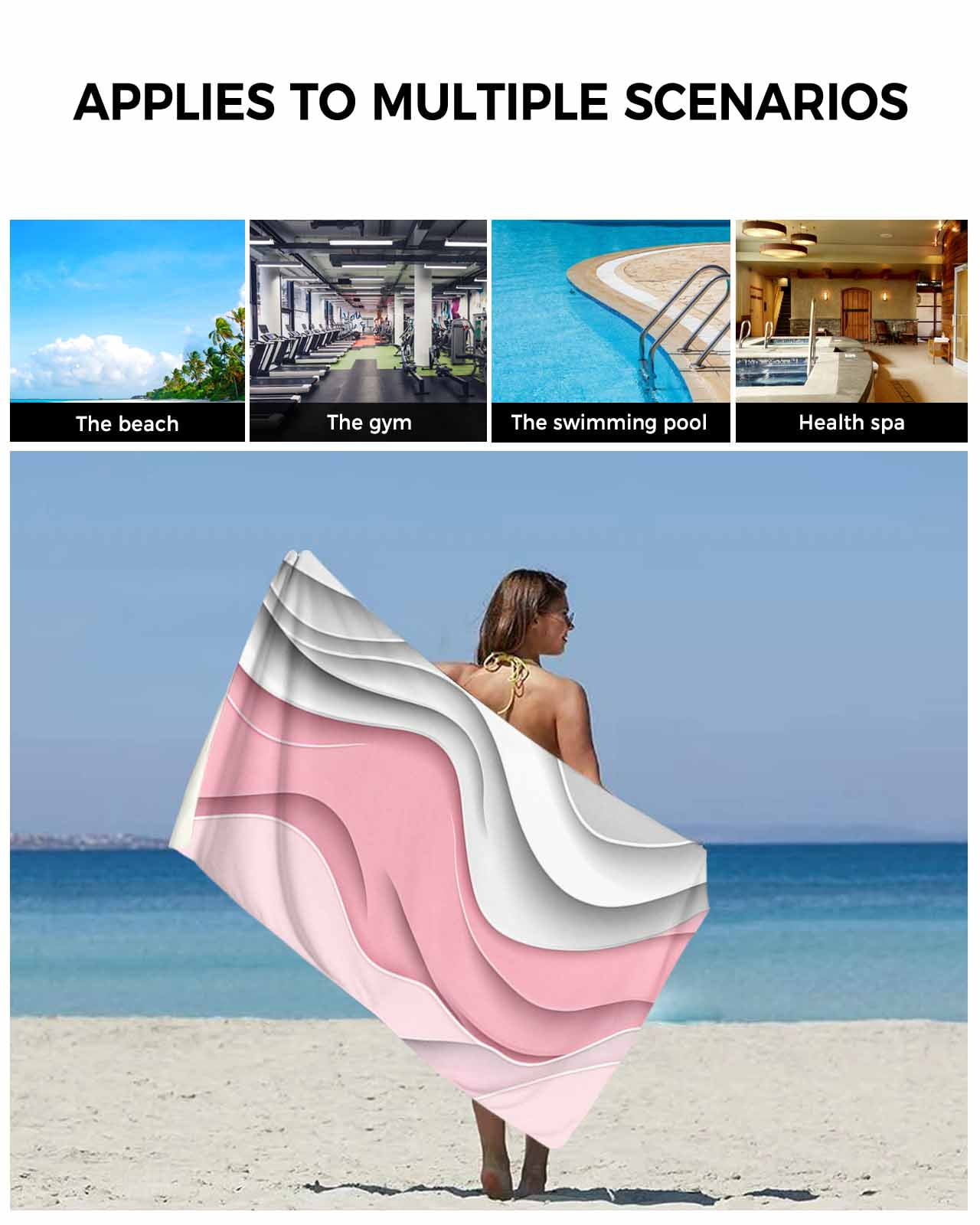 Pink Gray Ombre Towel Set of 3, Soft Microfiber Bath Towels, Hand Towel, Washcloths, Modern Abstract Moire Art Geometric Quick-Dry Absorbent Towels for Bathroom Kitchen Hotel Beach Gym Spa