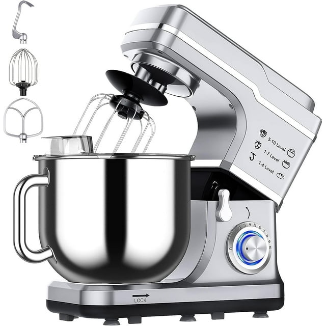 COZONY 7.5Qt Kitchen Electric Mixer,3 In 1 Stand Food Mixer With 10-Speed Tilt Head,Dough Mixer With Egg Whisk, Dough Hook, Beater, and Splash Guard, For Home Cooks, Silver