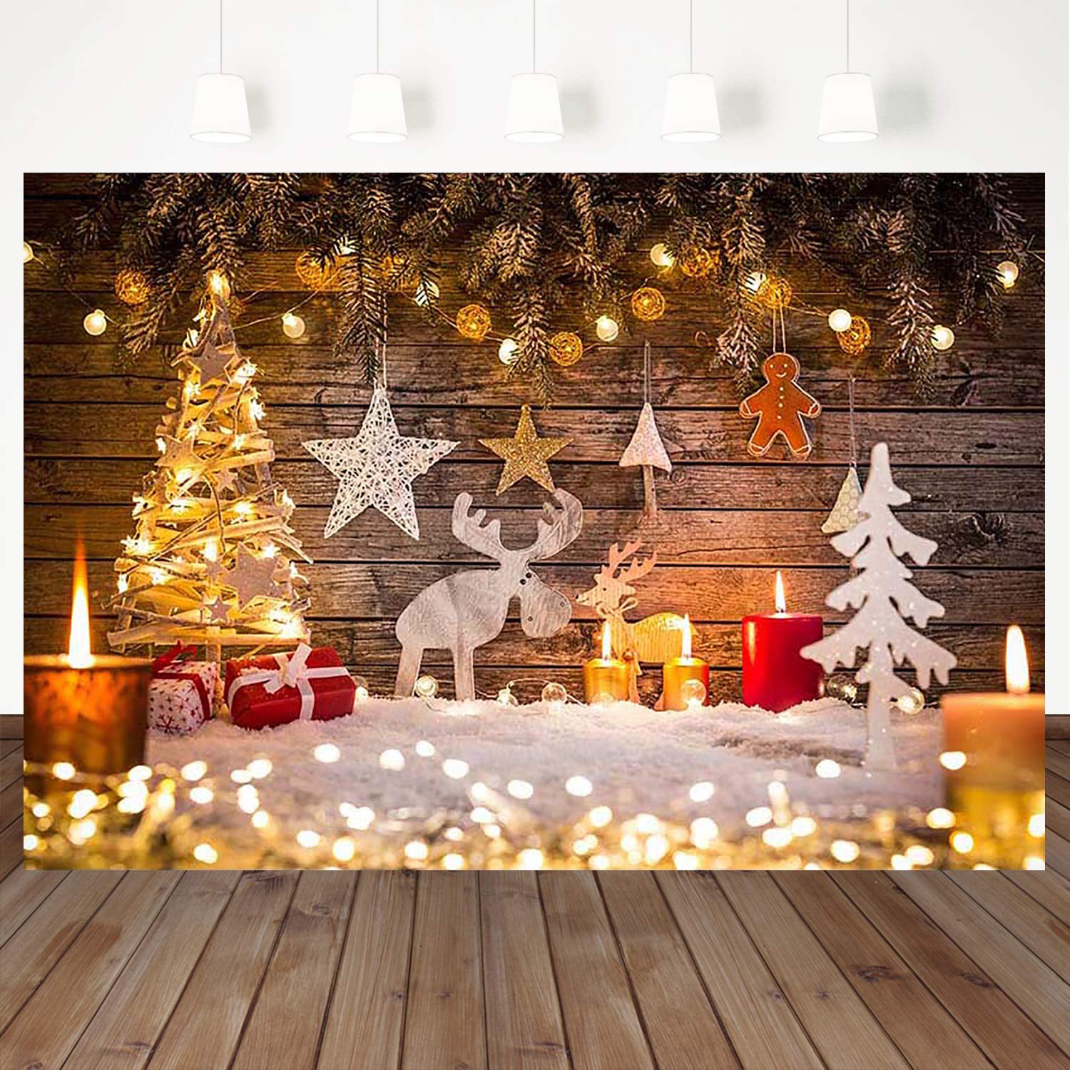 LYWYGG 10x10FT Christmas Background Indoor Christmas Tree Backdrop Wood Floor 