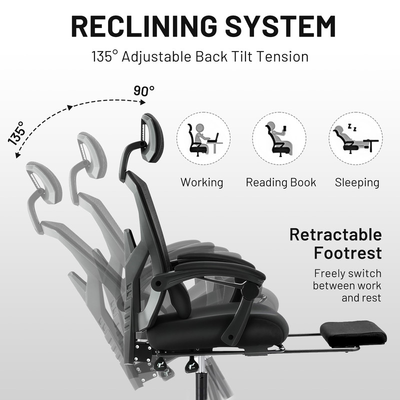 Ergonomic Office Chair with Footrest, Swivel Mesh Chair with Lumbar Support, Headrest and Flip-up Armrests for Home Office, Black