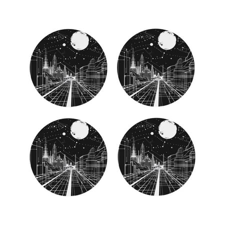 

Honeii Futuristic Moonlit Cityscape Print Leather Coaster Set of 4 Ideal for Safeguarding Your Furniture from Drinks Spills and Effortless Cleanup-Round Shape