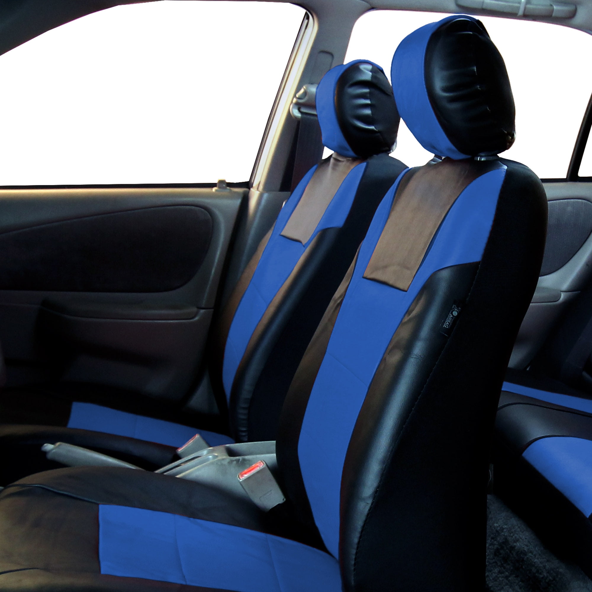 FH Group Racing Faux Leather Airbag Ready Split Bench Car Seat Covers, Full  set with Carpet Floor Mats, Blue