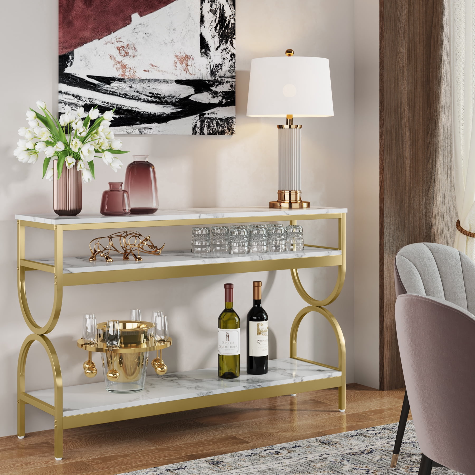 Tribesigns Modern 3 Tiers Console Table, 55 inch Faux Marble Sofa Entryway Tables with Storage Shelves for Living Room, Hallway and Foyer, White & Gold