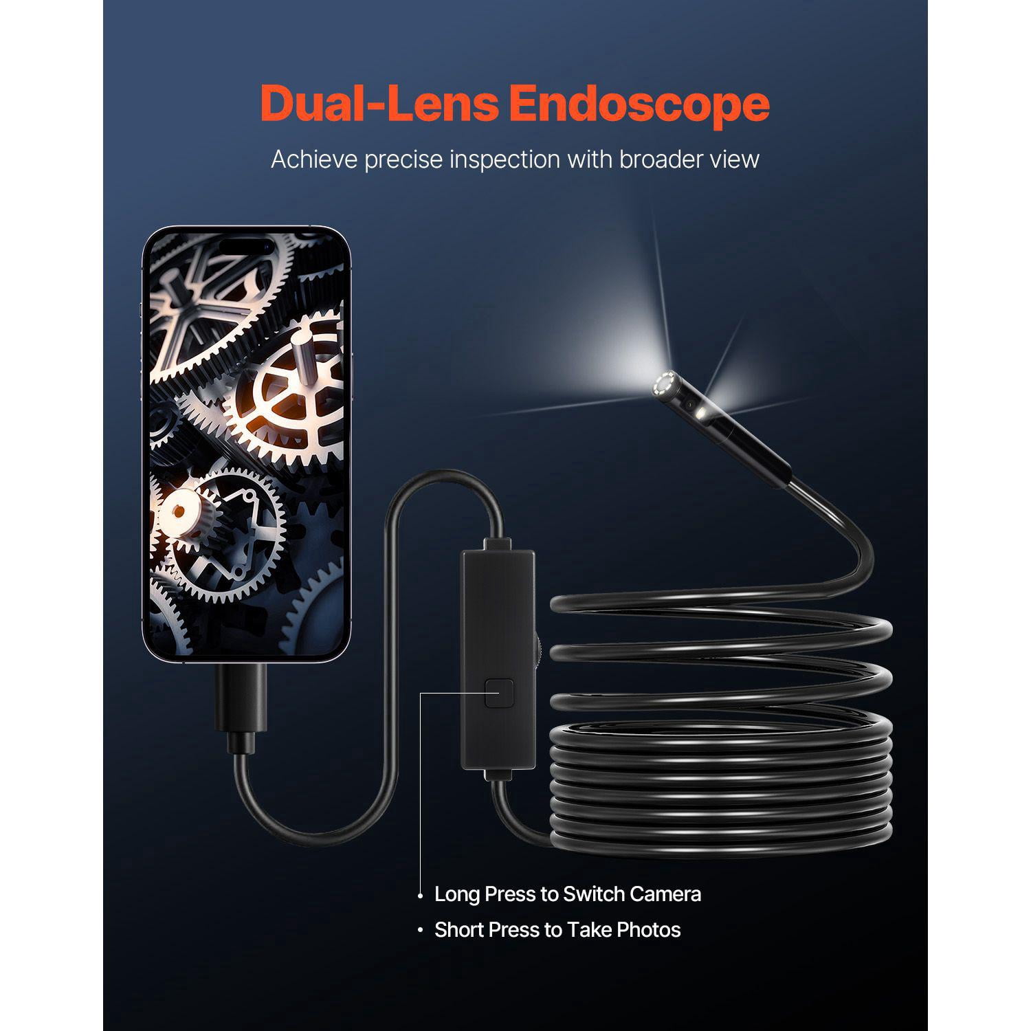 Endoscope Camera Dual Lens Borescope 1920P HD Inspection Camera with 8+1 LED Light 2X Zoom 16.4FT Snake Cable IP67 Waterproof for Android iOS Auto Plumbing
