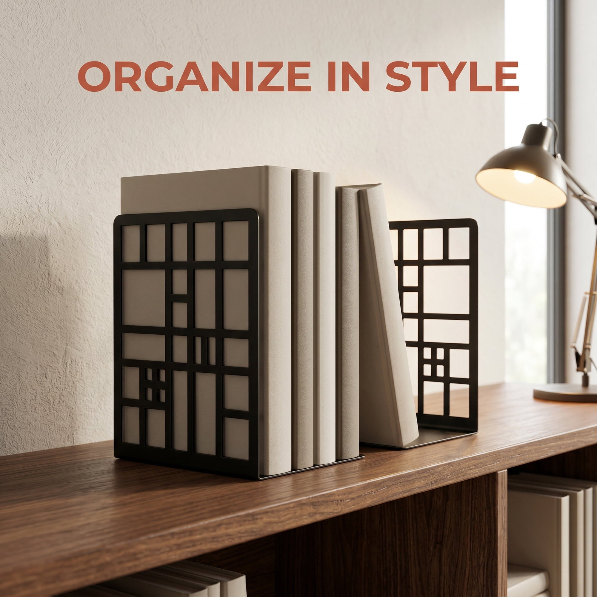 Unique Bargains Geometric Metal Bookends Decorative Book Ends for Shelves Black  Style A 4.7"x3.7"x6.7"