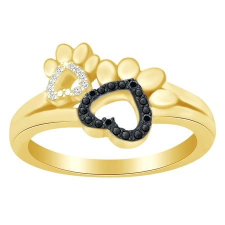 - Round Cut White & Black Diamond Paw Print Promise Ring In 14K Yellow Gold Over Sterling Silver
