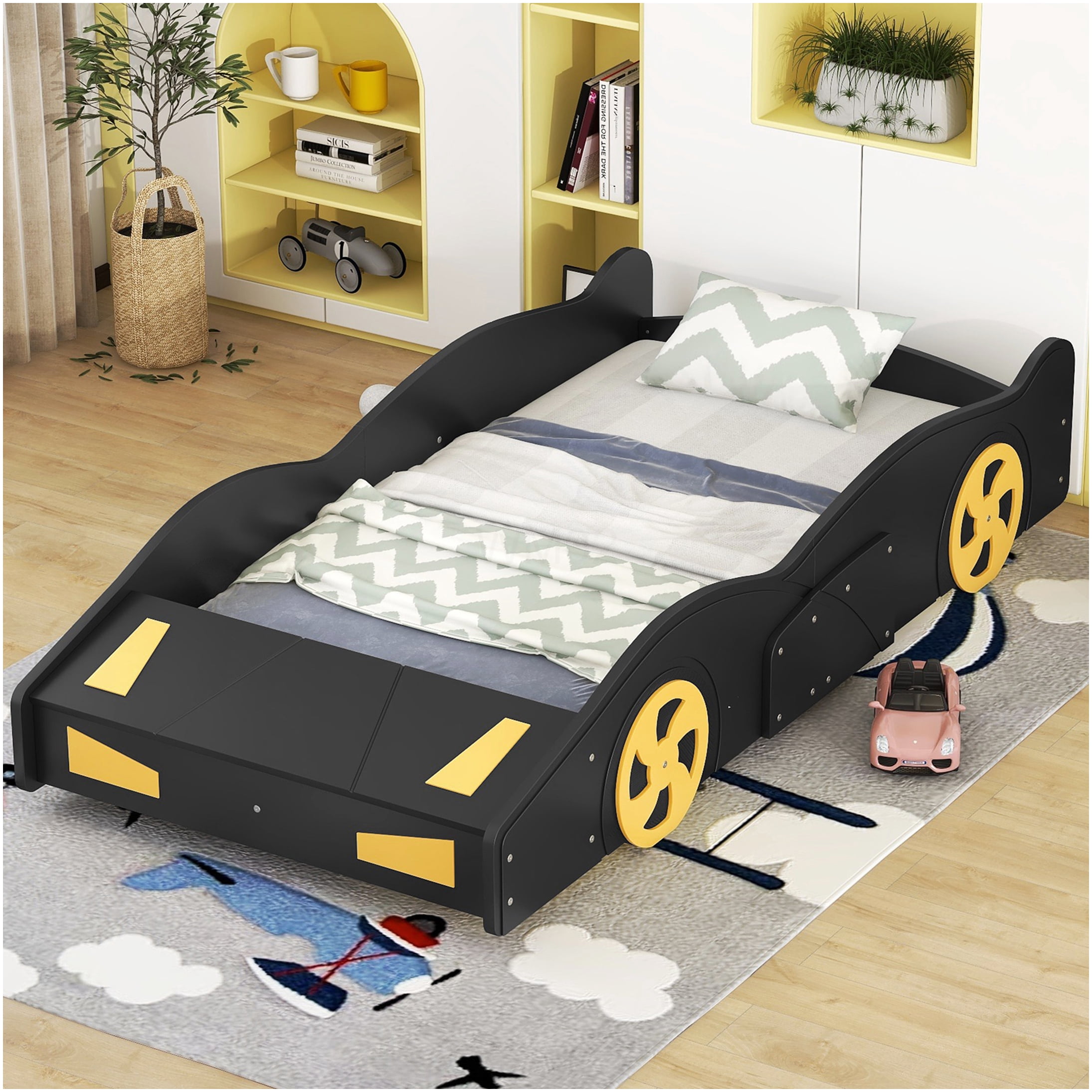 Twin Size Race Car Bed Frame with Storage & Wheels, Black & Yellow Modern Platform Bed