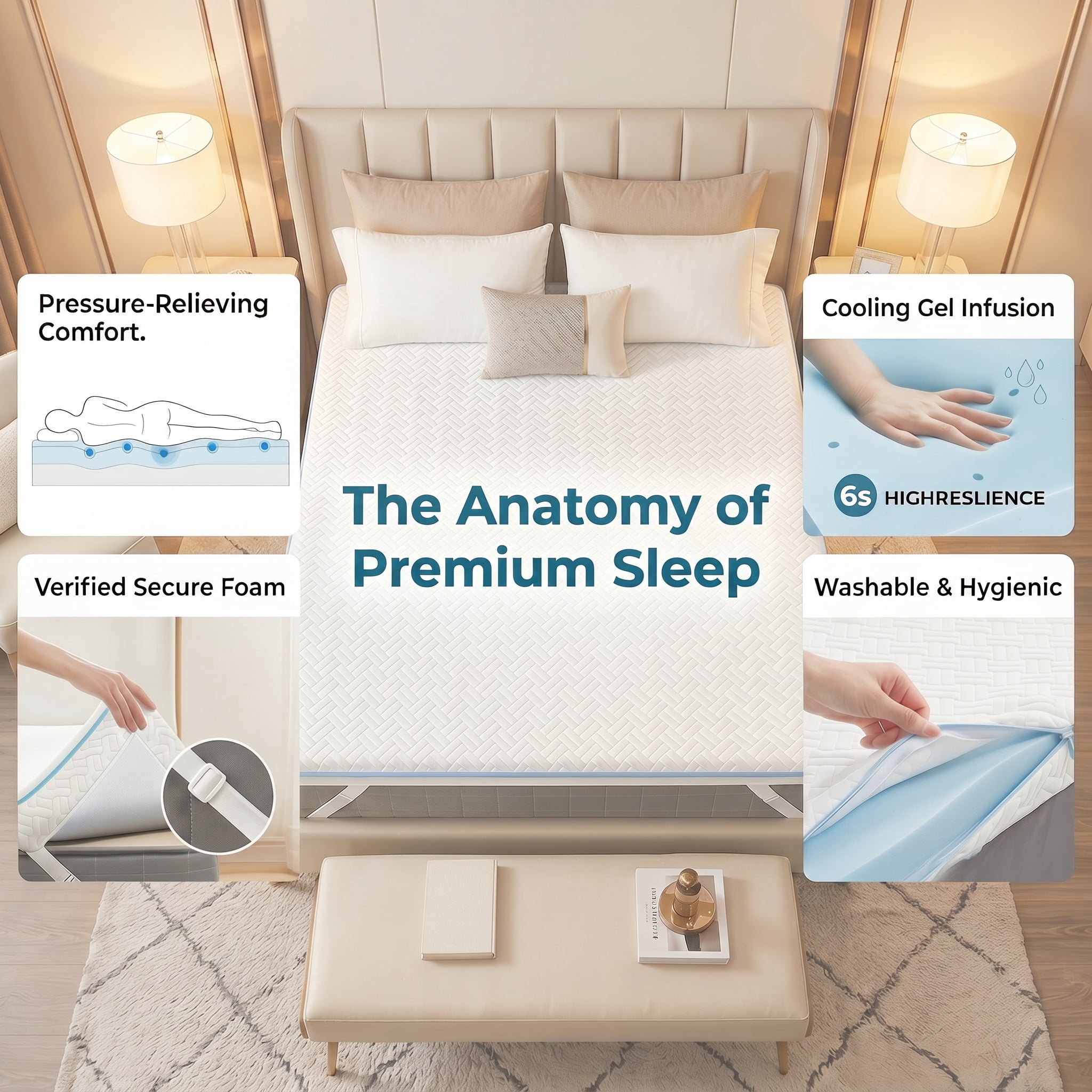 3 inch Gel Memory Foam Mattress Topper with Removable & Washable Cover for Cooling Sleep,Pressure Relief ,Non-Slip Design,CertiPUR-US Certified - Queen