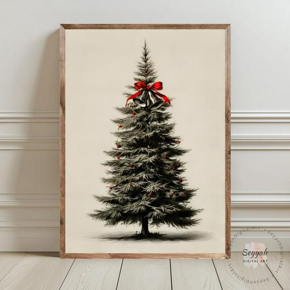 Vintage Christmas Tree Print | Minimalist Holiday Wall Art | Red Bow Bell Christmas Poster | Rustic Winter Decor | | P21- Wall Art Print, 8x12 UNFRAMED