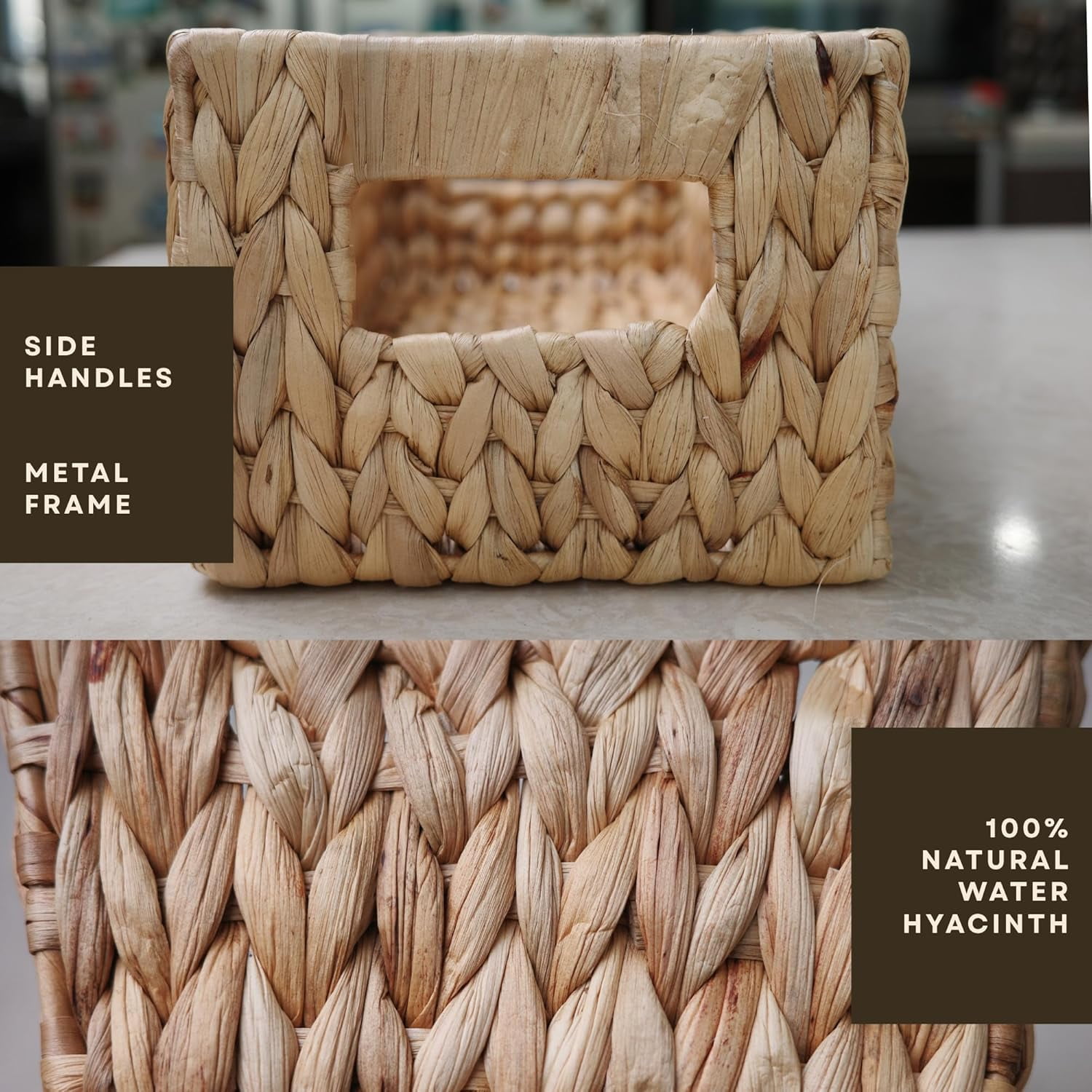 JAVANTI KAYU - Handmade Water Hyacinth Wicker Storage Basket with Handles – Rectangle Organizer Bin for Shelves, Blanket, Bathroom, Closet – Stackable – Decorative & Durable (Long: 15" x 6.7" x 5")