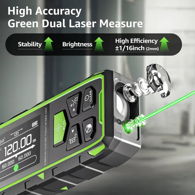 Huepar 393Ft Dual Green Laser Distance Measure, Rechargeable Digital Tool, LCD Backlit, 6 Units (Ft/In/M), Length/Area/Volume/Angle Sensor