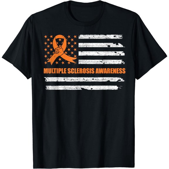 MS Multiple Sclerosis Awareness Orange Ribbon US Flag T-Shirt