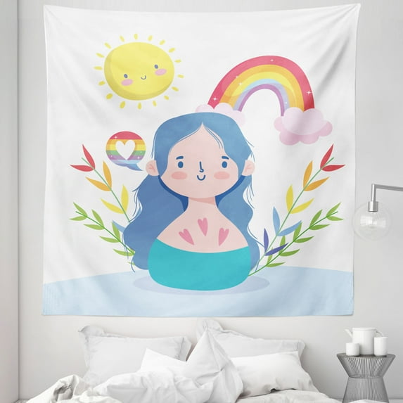 LGBT Tapestry, Colorful Pastel Composition of Woman Rainbow Heart Sun Pride Love Wins Print, Fabric Wall Hanging Decor for Bedroom Living Room Dorm, 5 Sizes, White and Multicolor, by Ambesonne