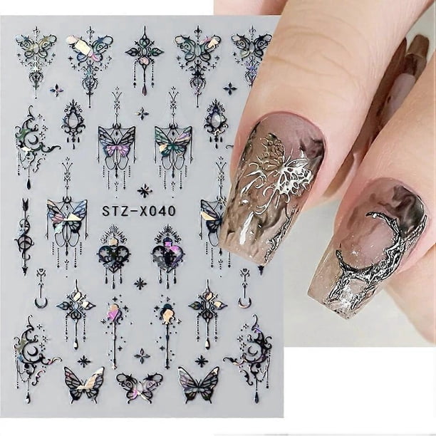 3D Holographic Black Butterfly Nails Slider Laser Self-adhesive Decals Dark Castle Tassels Designs Manicure Stickers Decor