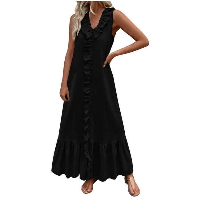 Tumotour Robes d'Été pour Femmes Robe Maxi en Lin Fluide Ligne A Col en V Sans Manches Robe d'Été à Volants Boho pour Plage Décontractée Sortie Fête Rendez-Vous