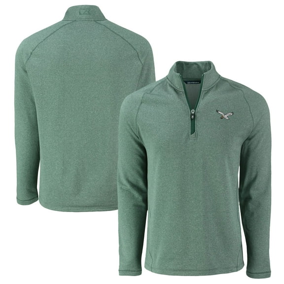 Men's Cutter & Buck Heather Kelly Green Philadelphia Eagles Peshastin Eco Fleece Tri-Blend Raglan Recycled Quarter-Zip
